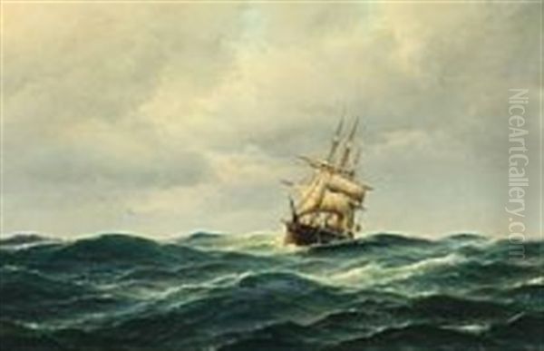 A Three-masted Tallship In High Seas Oil Painting by Carl Ludwig Bille