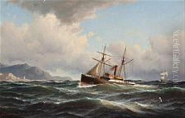 Steamboat At Sea Off A Rocky Coast Oil Painting by Carl Ludwig Bille