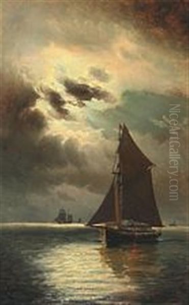 Seascape In Moon Light Oil Painting by Carl Ludwig Bille