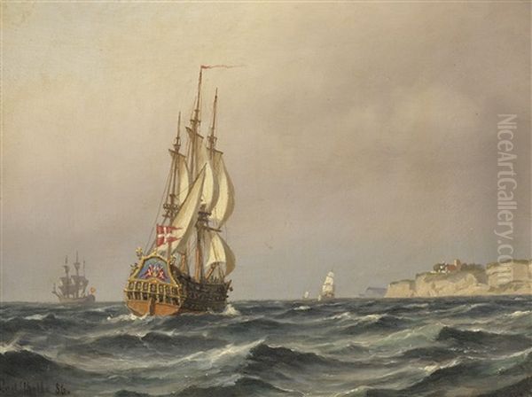 Danisches Kriegsschiff Vor Der Kuste Oil Painting by Carl Ludwig Bille