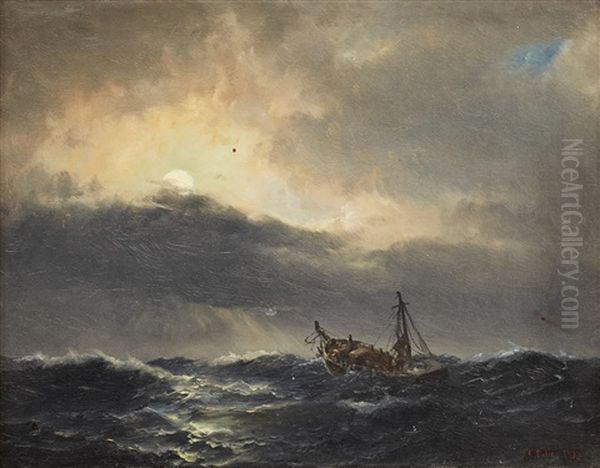 Ship On A Stormy Sea Oil Painting by Carl Ludwig Bille