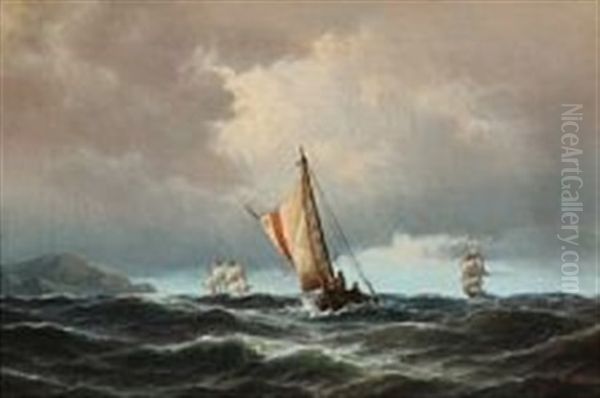 Sailing Ships At Sea In Stormy Weather Oil Painting by Carl Ludwig Bille