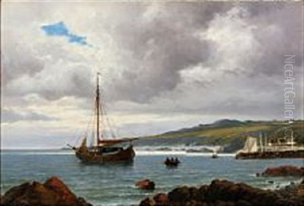 Coastal Scene With Ships Near The Harbour Entry Oil Painting by Carl Ludwig Bille