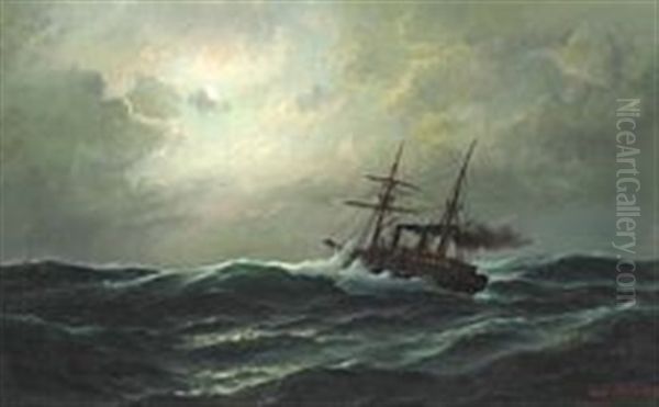 Evening At Sea, Moonlight Oil Painting by Carl Ludwig Bille