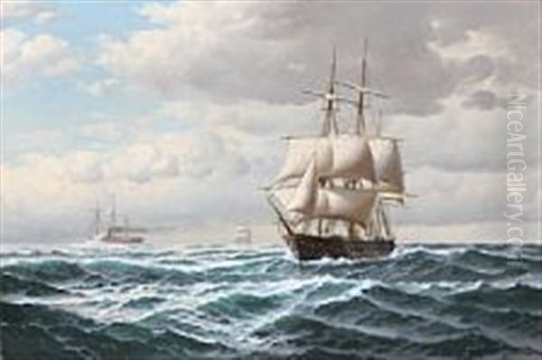 Ships At Full Sails On The Sea Oil Painting by Carl Ludwig Bille