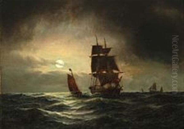 Seascape With Sailing Boats In The Moon Light Oil Painting by Carl Ludwig Bille