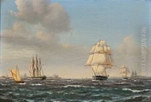 Sailing Ships Out Shore Kronborg Castle Oil Painting by Carl Ludwig Bille