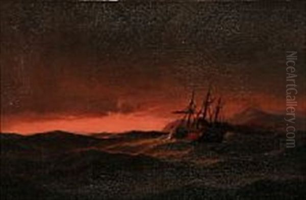 Sunset With Paddle Steamer Oil Painting by Carl Ludwig Bille