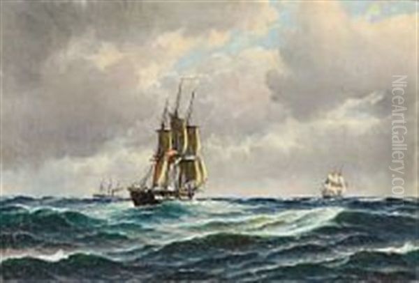 Seascape With Danish Sailing Ships Oil Painting by Carl Ludwig Bille