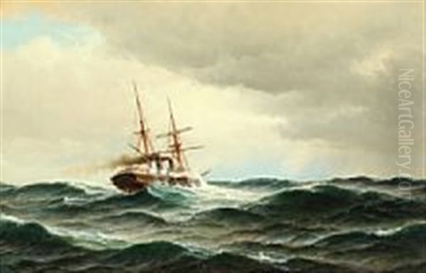 Seascape With Steamer On High Seas Oil Painting by Carl Ludwig Bille