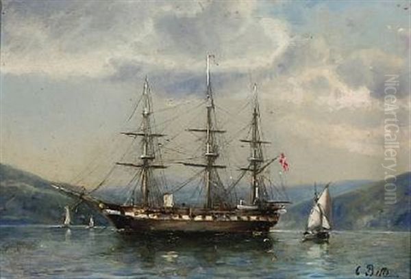 The Danish Frigate Jylland Anchored In A Bay Oil Painting by Carl Ludwig Bille