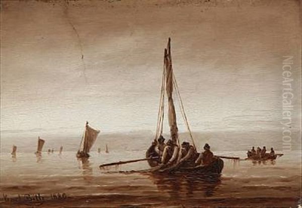 Seascape With Fishermen Oil Painting by Carl Ludwig Bille