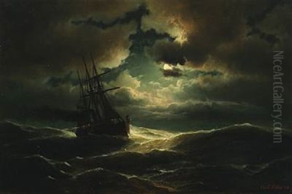 Seascape With Three Masted Steamer In The Moonlight Oil Painting by Carl Ludwig Bille