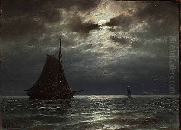 Seascape With Sailings Ships In Moonlight Oil Painting by Carl Ludwig Bille