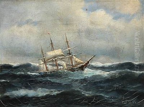 Seascape With A Sailing Ships In High Waves Oil Painting by Carl Ludwig Bille