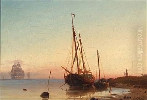 Coastal Scene With Sailing Boats At Sunrise Oil Painting by Carl Ludwig Bille