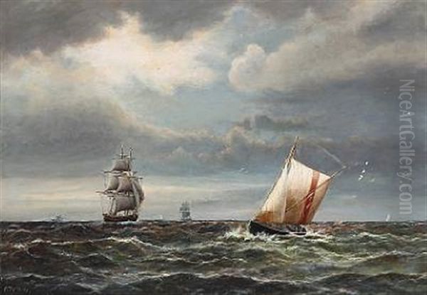 Marine With Numerous Sailing Ships Oil Painting by Carl Ludwig Bille