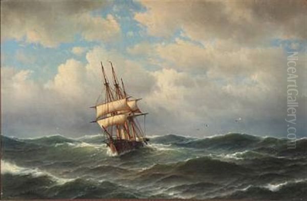 Seascape With A Ship In Rough Sea Oil Painting by Carl Ludwig Bille