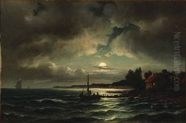 Coastal Scene In The Moonlight Oil Painting by Carl Ludwig Bille