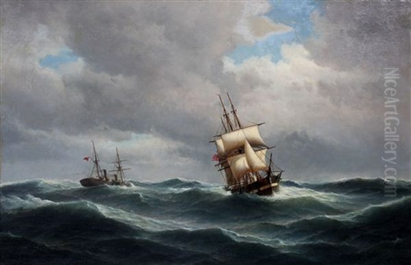 Een Stoomboot En Een Zeilschip Op Volle Zee Oil Painting by Carl Ludwig Bille