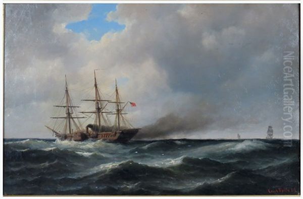 10-gun Steam Frigate Challenging A Blockade-runner Oil Painting by Carl Ludwig Bille