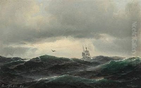 Seascape With High Waves And A Sailing Ship Oil Painting by Carl Ludwig Bille