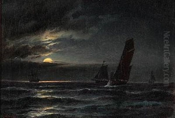 Sailing Ships In Moonlight Oil Painting by Carl Ludwig Bille