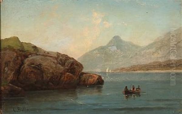 Norwegian Fjord Scene With Two Fishermen In A Rowing Boat Oil Painting by Carl Ludwig Bille