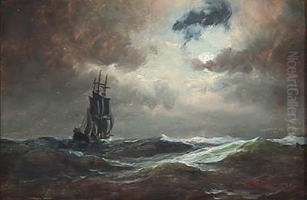 A Bark On Open Sea At Moonlight Oil Painting by Carl Ludwig Bille