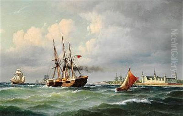 Seascape Off Kronborg With Numerous Ships And A Pilot Boat Oil Painting by Carl Ludwig Bille