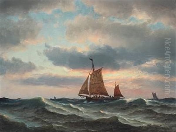 Fishing Boats In The North Sea Oil Painting by Carl Ludwig Bille