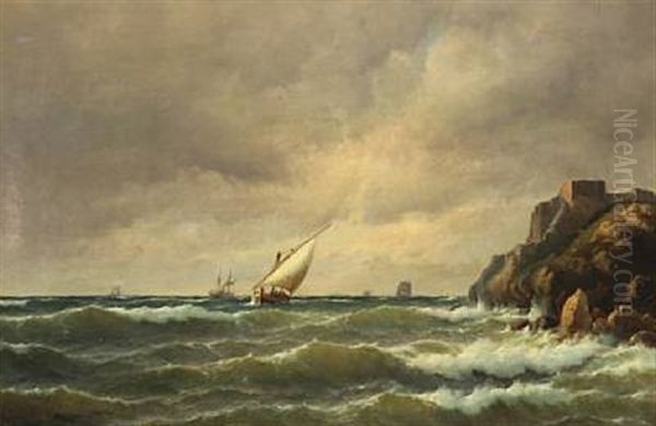 Seacape With Sailing Ship Off A Rocky Coast Oil Painting by Carl Ludwig Bille