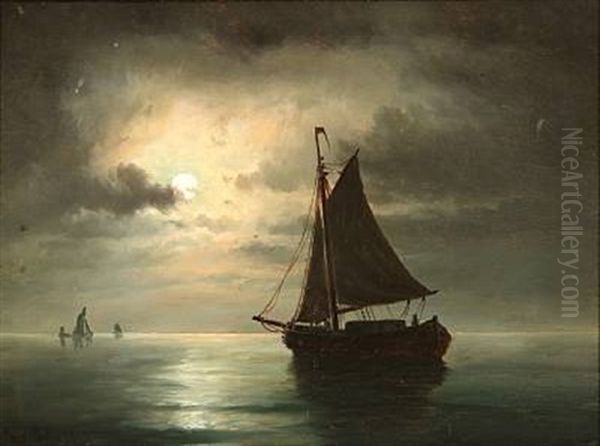 Seascape With Fishing Boats In Moonlight Oil Painting by Carl Ludwig Bille