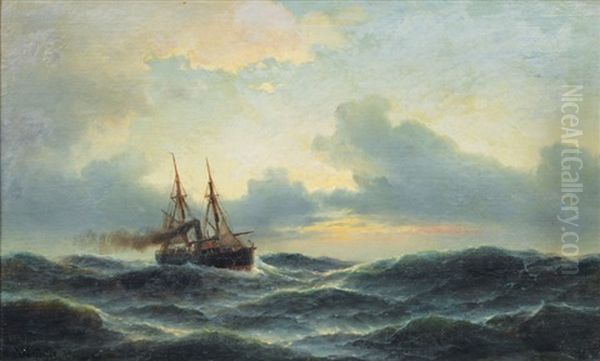 Steamship On Open Sea Oil Painting by Carl Ludwig Bille