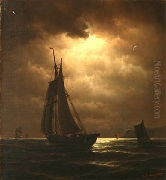 Coastal Scene With Sailing Ships On The Sea A Late Evening Oil Painting by Carl Ludwig Bille