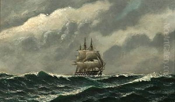 Seascape With A Warship Oil Painting by Carl Ludwig Bille