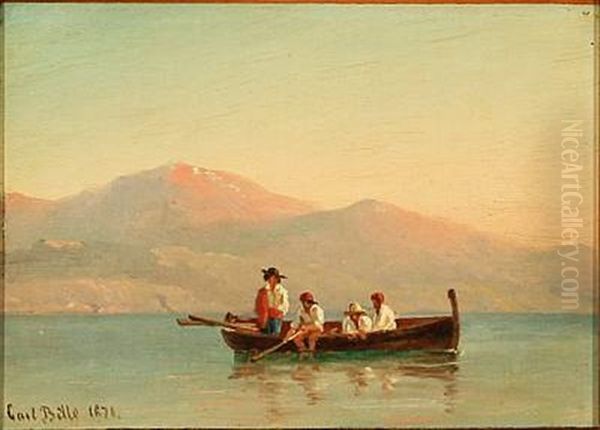 Quiet Afternoon With Fishermen On The Bay Of Naples, In The Background Vesuvius Oil Painting by Carl Ludwig Bille