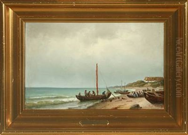 Coastal Scenery With Fisherman And Boats On The Beach Oil Painting by Carl Ludwig Bille