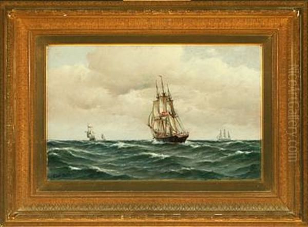 Larger Sailing Ships At Sea, In Fresh Weather Oil Painting by Carl Ludwig Bille