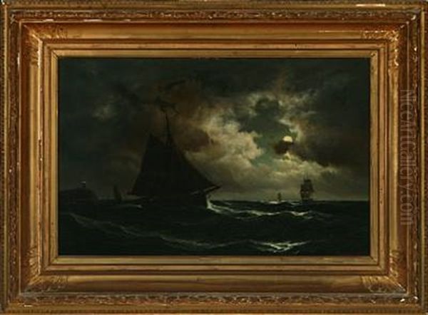 Maritime Scenery With Vessels In Moonlight by Carl Ludwig Bille