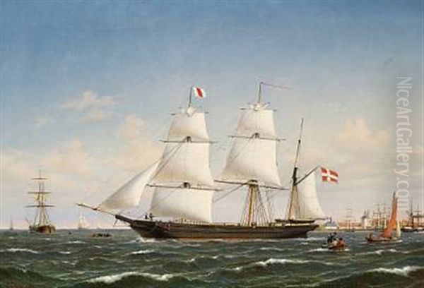 A Danish Bark Under Sail In Copenhagen Harbour With Frederik V's Rigging-sheers On Holmen In The Background Oil Painting by Carl Ludwig Bille