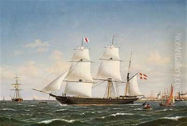 Dansk Bark Under Sejl I Kobenhavns Havn, I Baggrunden Frederik V's Mastekran Pa Holmen Oil Painting by Carl Ludwig Bille