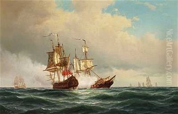 Marine Med Orlogsskibe Oil Painting by Carl Ludwig Bille