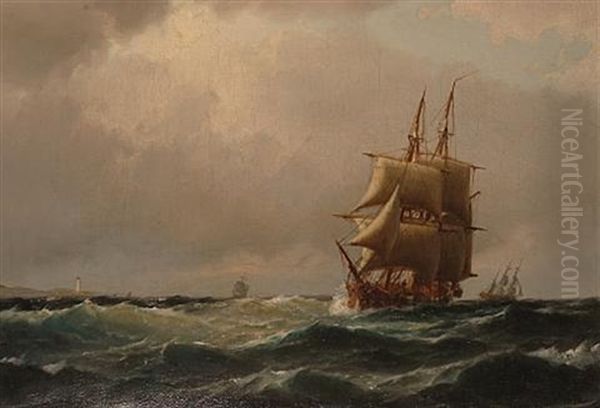 Ships Off A Coast Oil Painting by Carl Ludwig Bille