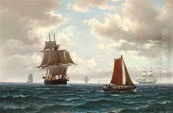 Sejlskibe Pa Havet Oil Painting by Carl Ludwig Bille