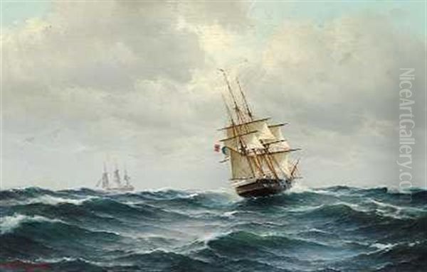 Marine Med Fransk Tremaster Oil Painting by Carl Ludwig Bille