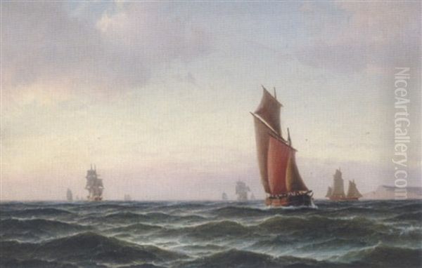 Sejlskibe Pa Havet I Morgenroden Oil Painting by Carl Ludwig Bille