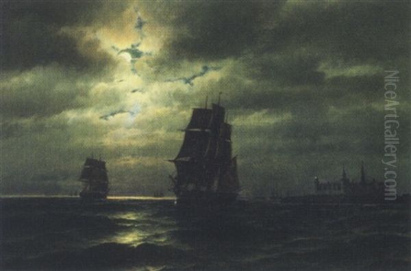 Sejlskibe I Maneskin Udfor Kronborg Oil Painting by Carl Ludwig Bille