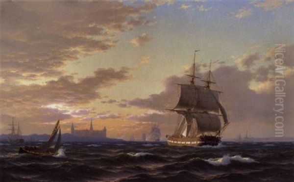 Sejlbade I Sundet Ud For Kronborg Oil Painting by Carl Ludwig Bille