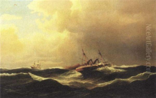 Marine Med Hjuldamper Og Sejlskib I Hoj So Oil Painting by Carl Ludwig Bille